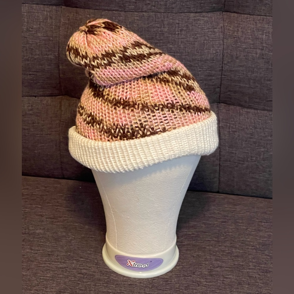 Handmade * Pink, Cream, & Brown Stripe Beanie
